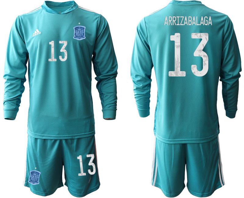 Men 2021 World Cup National Spain lake blue long sleeve goalkeeper #13 Soccer Jerseys->spain jersey->Soccer Country Jersey